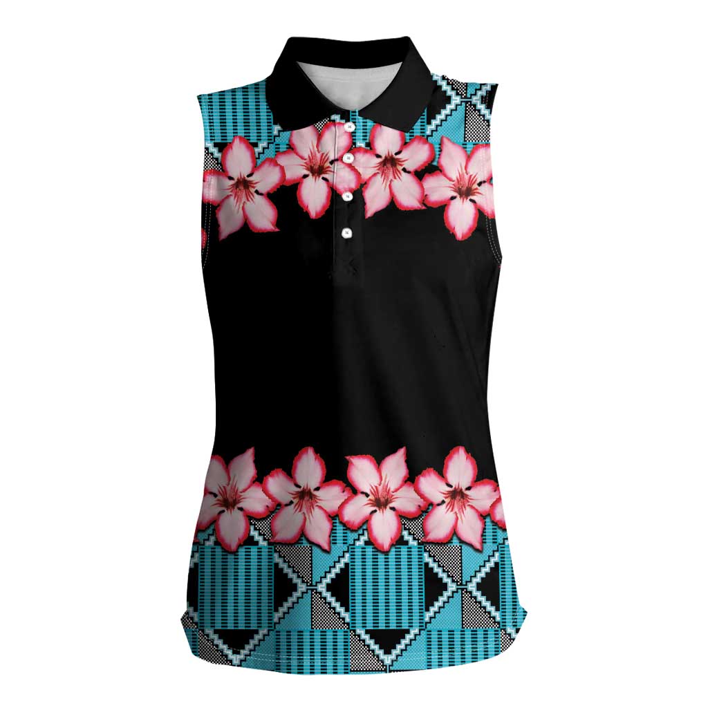 African Adenium Multiflorum Flowers Women Sleeveless Polo Shirt with Kente Style - Wonder Print Shop