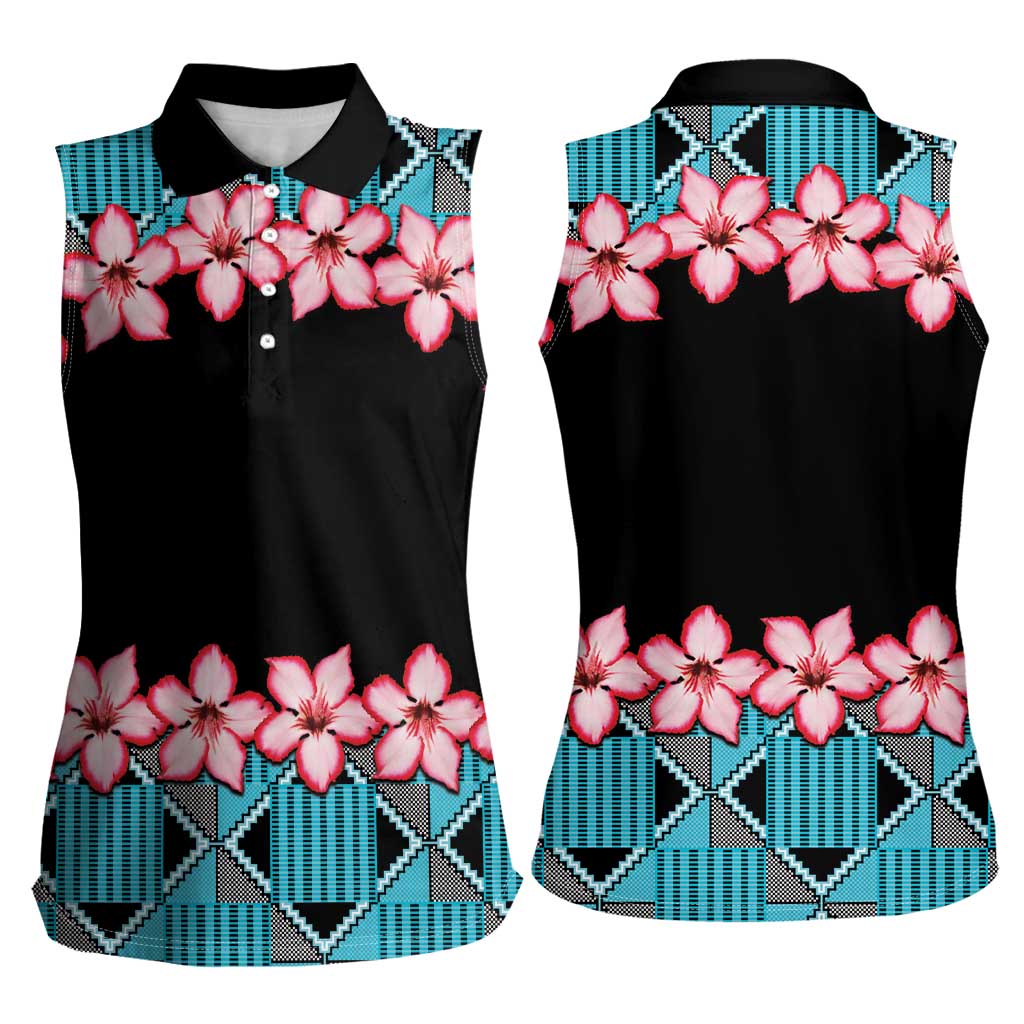 African Adenium Multiflorum Flowers Women Sleeveless Polo Shirt with Kente Style - Wonder Print Shop
