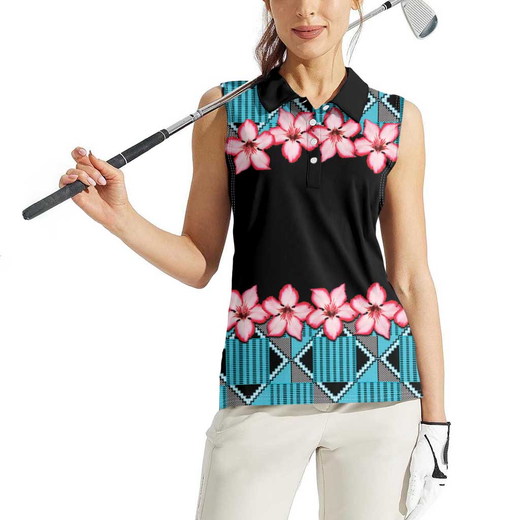 African Adenium Multiflorum Flowers Women Sleeveless Polo Shirt with Kente Style - Wonder Print Shop