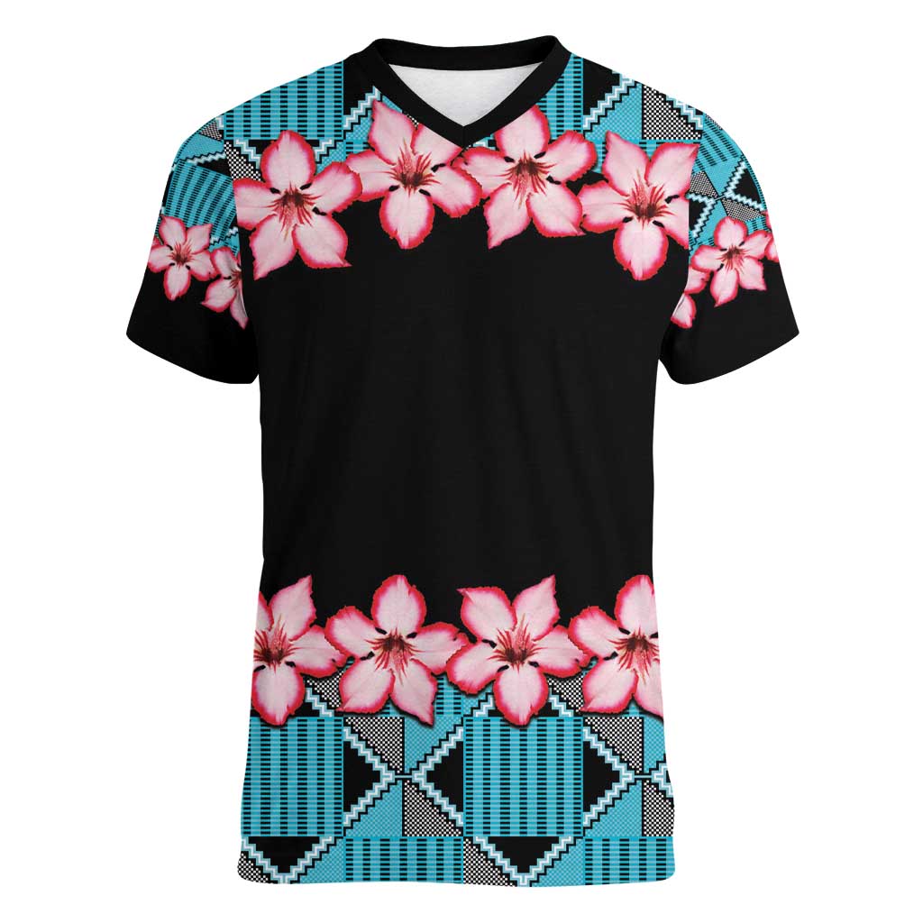 African Adenium Multiflorum Flowers Women V-Neck T-Shirt with Kente Style - Wonder Print Shop