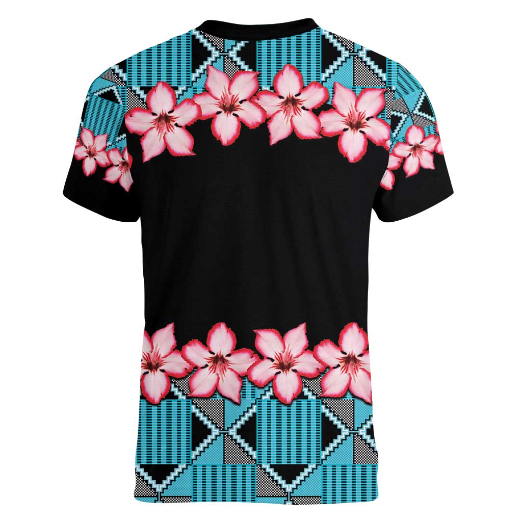 African Adenium Multiflorum Flowers Women V-Neck T-Shirt with Kente Style - Wonder Print Shop