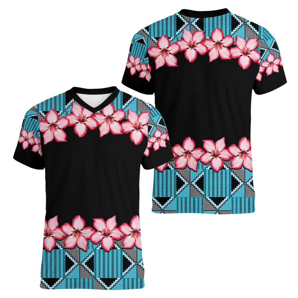 African Adenium Multiflorum Flowers Women V-Neck T-Shirt with Kente Style - Wonder Print Shop