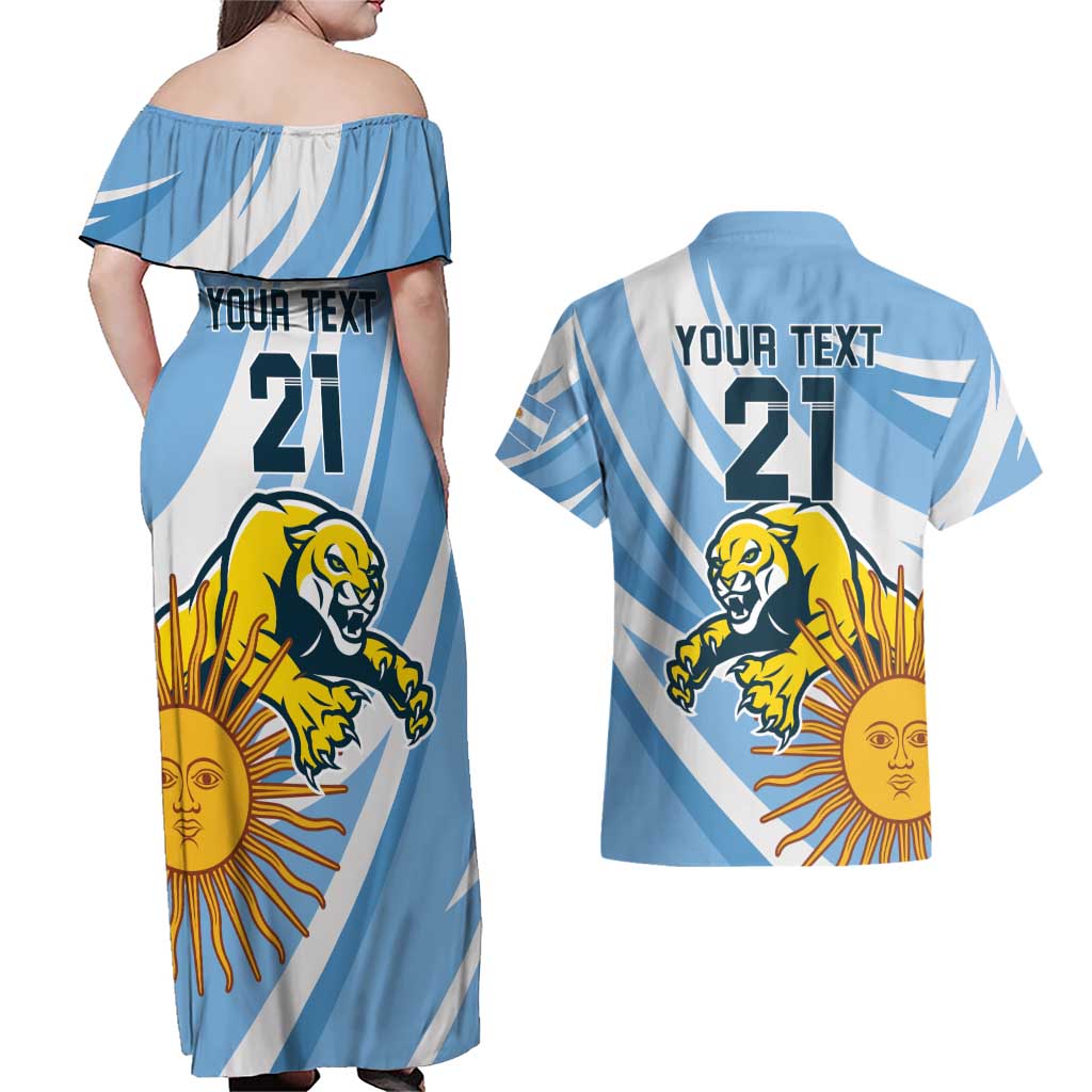 Custom Argentina Rugby Champion Couples Matching Off Shoulder Maxi Dress and Hawaiian Shirt Los Puma with Sporty Style LT9 - Wonder Print Shop