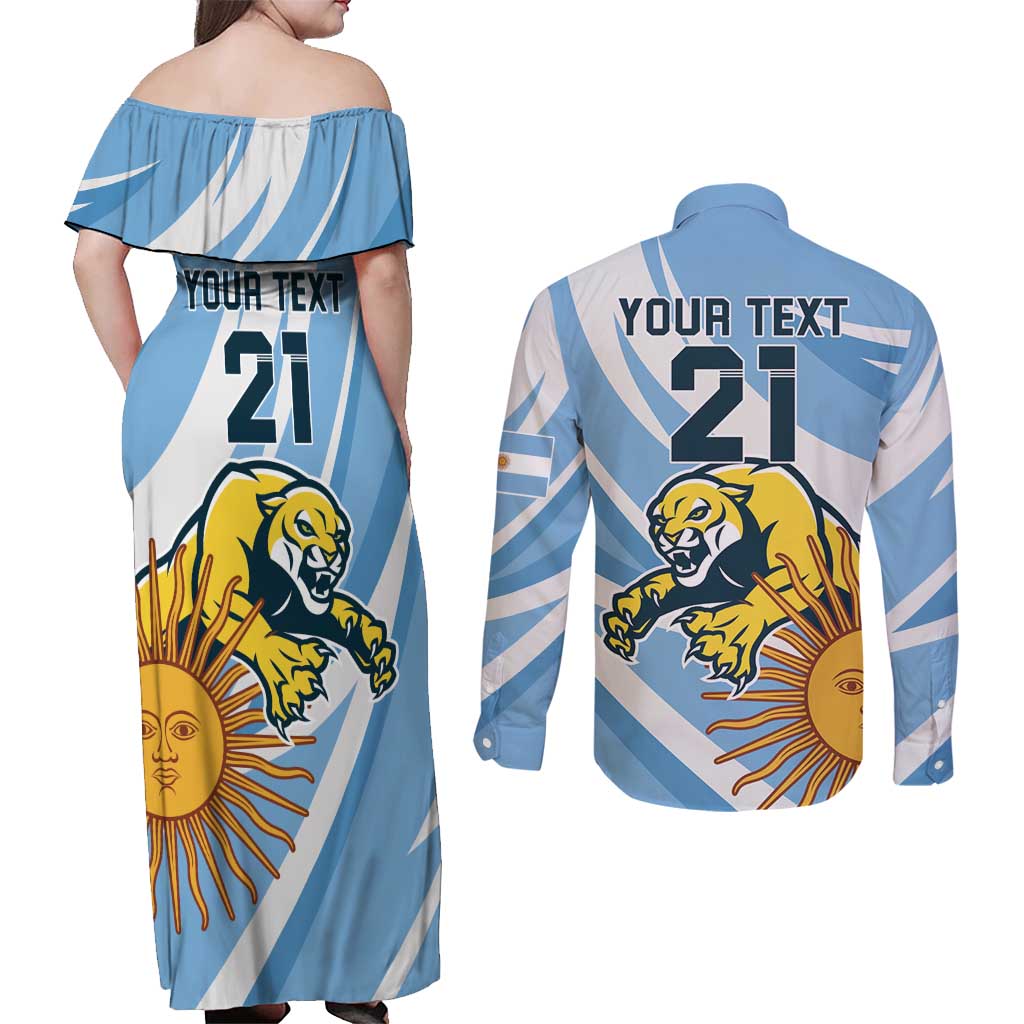 Custom Argentina Rugby Champion Couples Matching Off Shoulder Maxi Dress and Long Sleeve Button Shirt Los Puma with Sporty Style LT9 - Wonder Print Shop