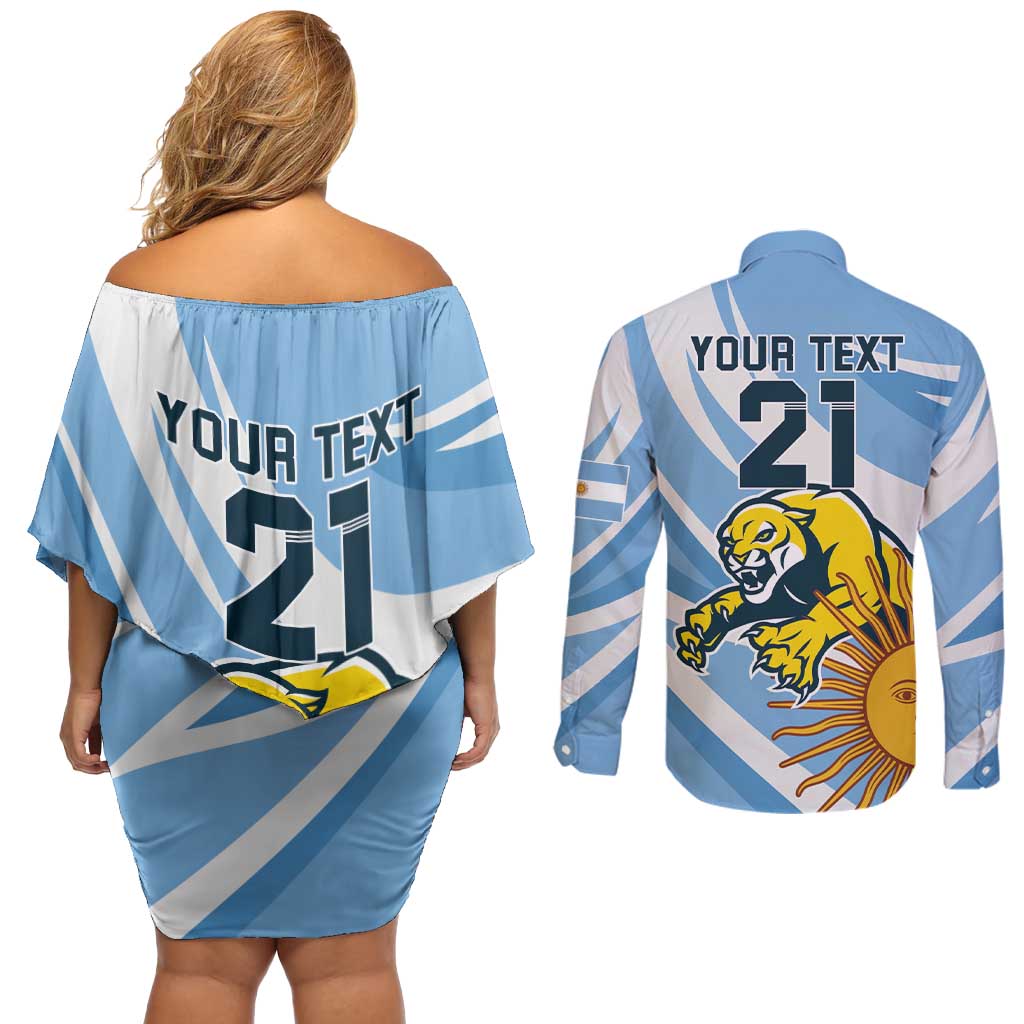 Custom Argentina Rugby Champion Couples Matching Off Shoulder Short Dress and Long Sleeve Button Shirt Los Puma with Sporty Style LT9 - Wonder Print Shop
