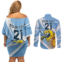 Custom Argentina Rugby Champion Couples Matching Off Shoulder Short Dress and Long Sleeve Button Shirt Los Puma with Sporty Style LT9 - Wonder Print Shop