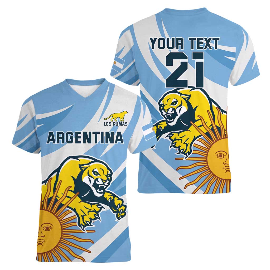 Custom Argentina Rugby Champion Women V-Neck T-Shirt Los Puma with Sporty Style - Wonder Print Shop