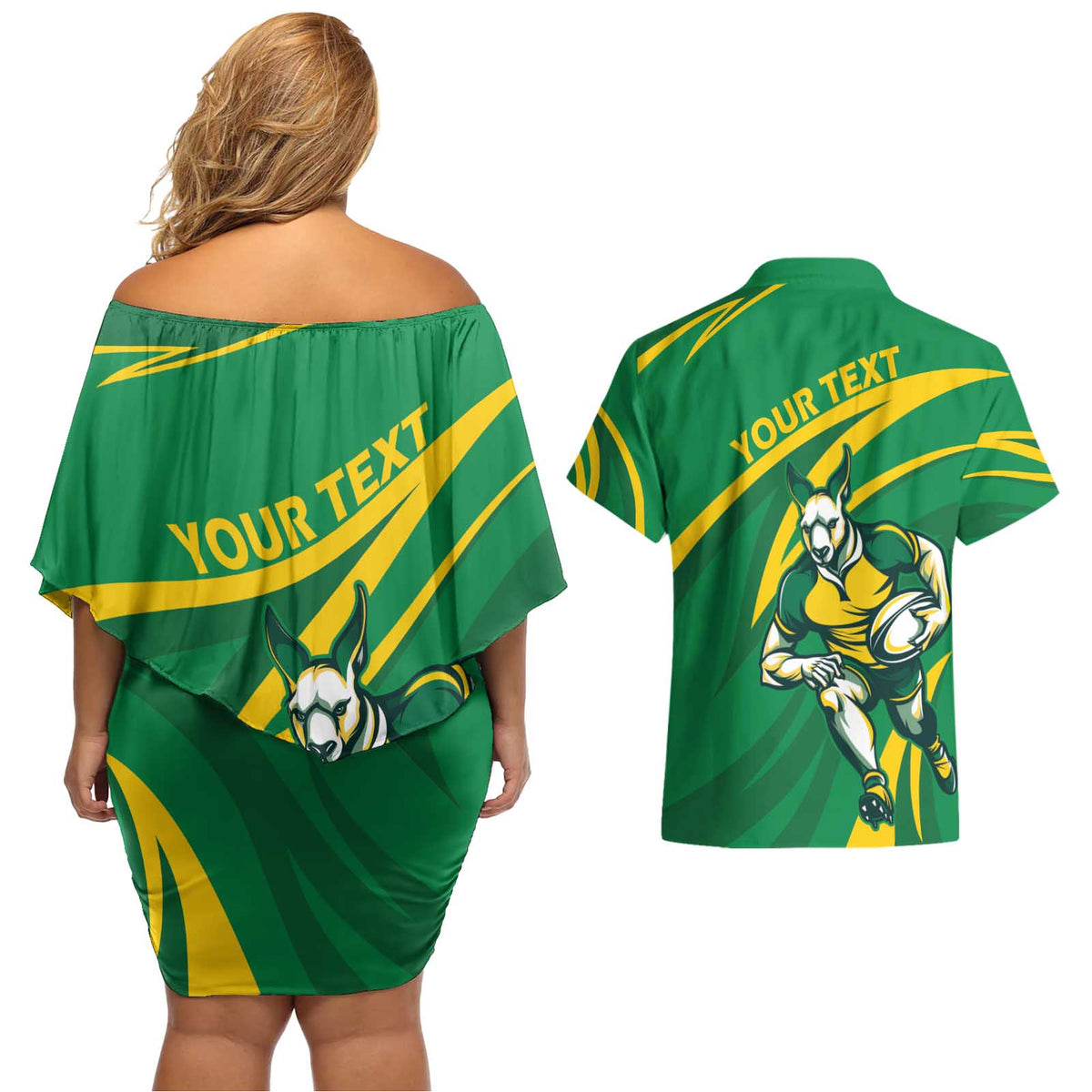 Personalized Australia Rugby Champion Couples Matching Off Shoulder Short Dress and Hawaiian Shirt Wallabies Mascot with Sporty Style LT9 - Wonder Print Shop