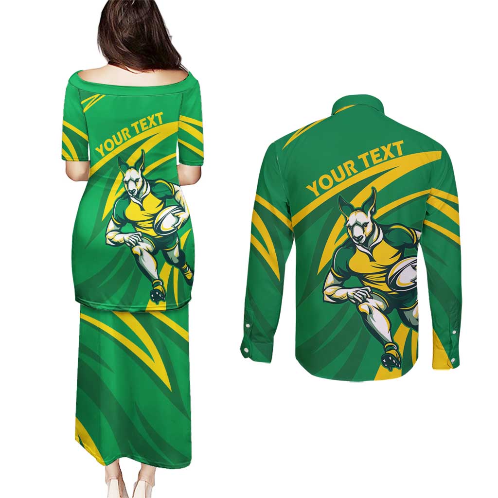Personalized Australia Rugby Champion Couples Matching Puletasi and Long Sleeve Button Shirt Wallabies Mascot with Sporty Style LT9 - Wonder Print Shop