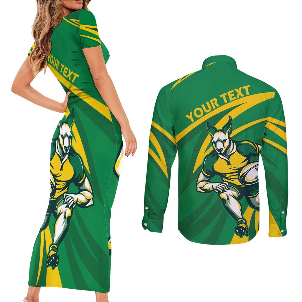 Personalized Australia Rugby Champion Couples Matching Short Sleeve Bodycon Dress and Long Sleeve Button Shirt Wallabies Mascot with Sporty Style LT9 - Wonder Print Shop