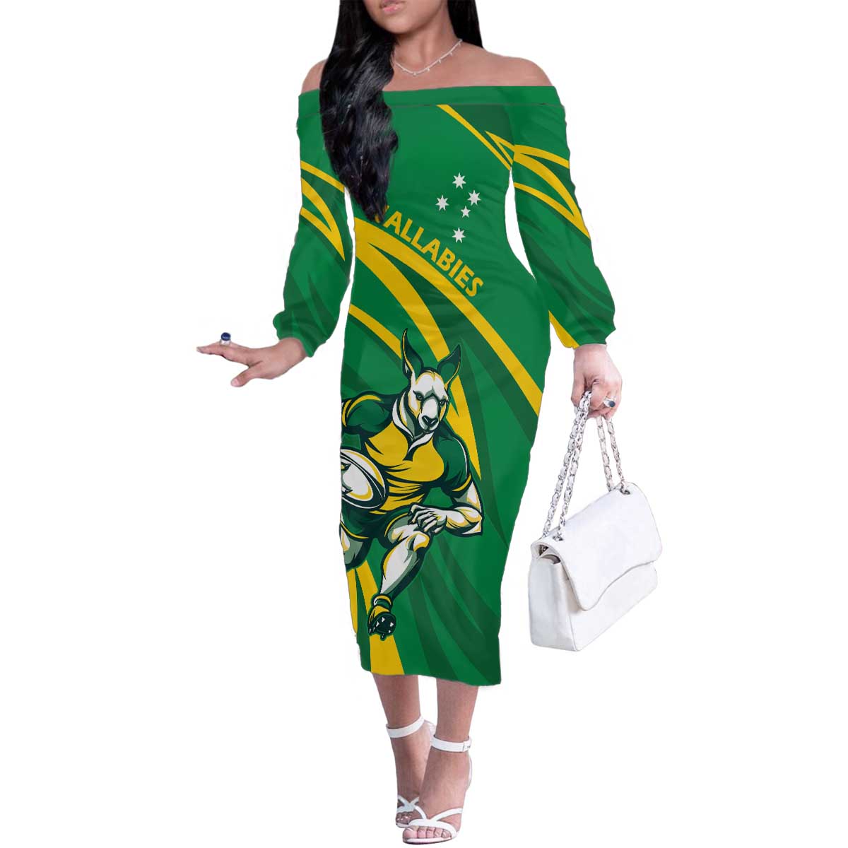 Personalized Australia Rugby Champion Family Matching Off The Shoulder Long Sleeve Dress and Hawaiian Shirt Wallabies Mascot with Sporty Style - Wonder Print Shop