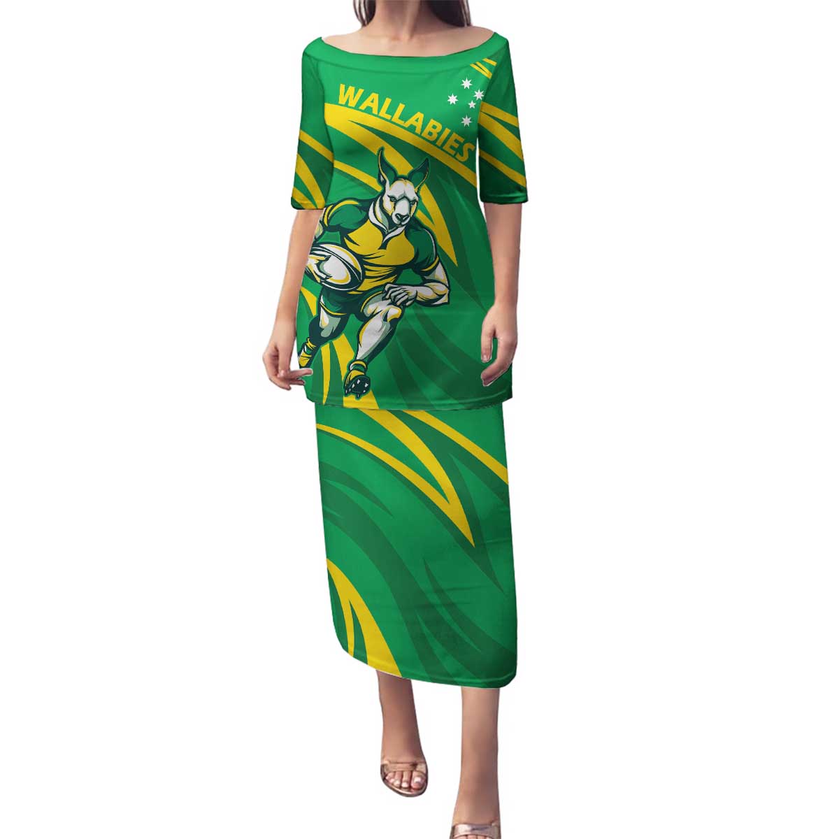 Personalized Australia Rugby Champion Family Matching Puletasi and Hawaiian Shirt Wallabies Mascot with Sporty Style - Wonder Print Shop