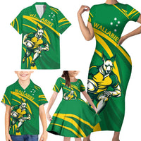 Personalized Australia Rugby Champion Family Matching Short Sleeve Bodycon Dress and Hawaiian Shirt Wallabies Mascot with Sporty Style - Wonder Print Shop