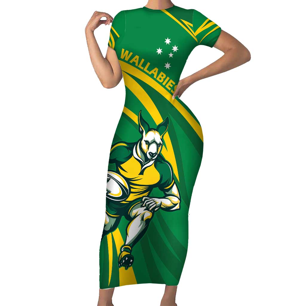 Personalized Australia Rugby Champion Short Sleeve Bodycon Dress Wallabies Mascot with Sporty Style - Wonder Print Shop