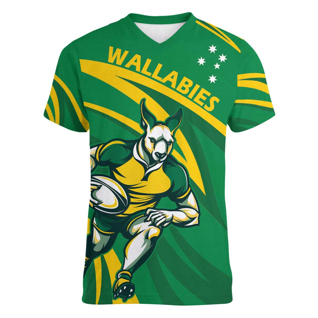 Personalized Australia Rugby Champion Women V-Neck T-Shirt Wallabies Mascot with Sporty Style - Wonder Print Shop