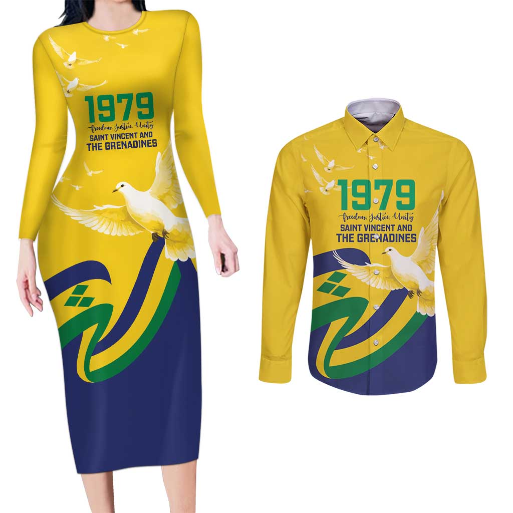 Saint Vincent and the Grenadines Couples Matching Long Sleeve Bodycon Dress and Long Sleeve Button Shirt Gratitude to the Land Pride Since 1979 - Wonder Print Shop