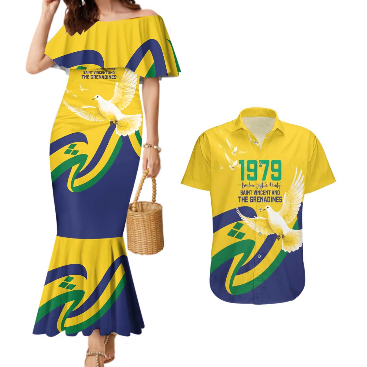 Saint Vincent and the Grenadines Couples Matching Mermaid Dress and Hawaiian Shirt Gratitude to the Land Pride Since 1979 - Wonder Print Shop