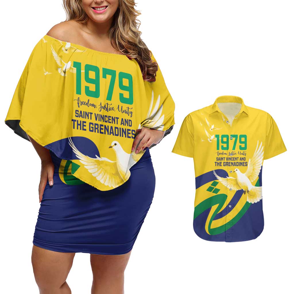 Saint Vincent and the Grenadines Couples Matching Off Shoulder Short Dress and Hawaiian Shirt Gratitude to the Land Pride Since 1979 - Wonder Print Shop
