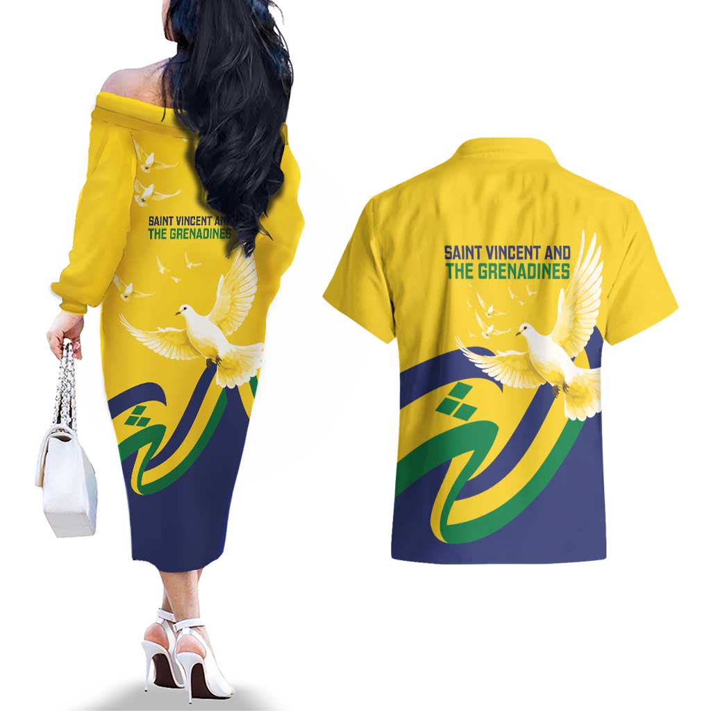 Saint Vincent and the Grenadines Couples Matching Off The Shoulder Long Sleeve Dress and Hawaiian Shirt Gratitude to the Land Pride Since 1979 - Wonder Print Shop