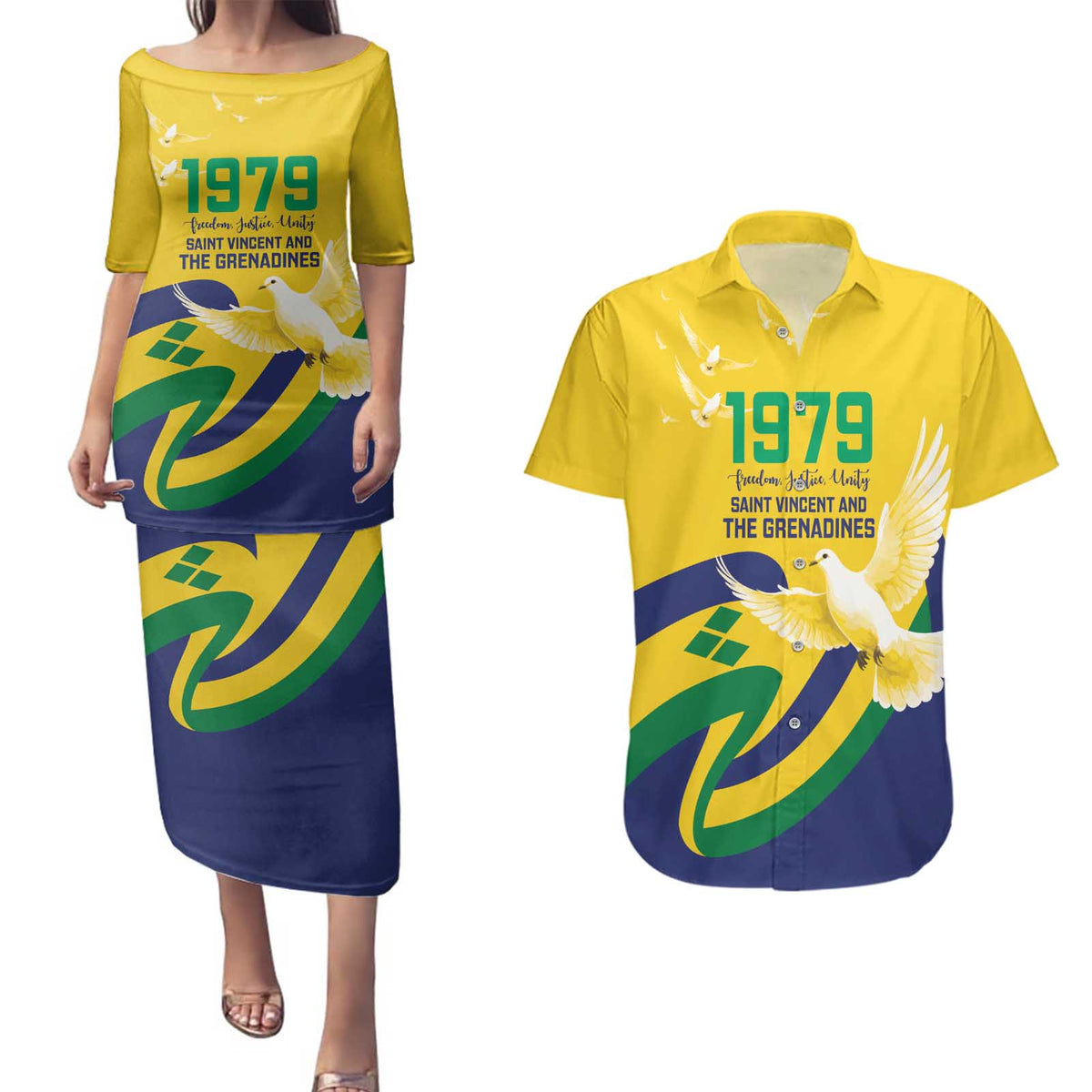 Saint Vincent and the Grenadines Couples Matching Puletasi and Hawaiian Shirt Gratitude to the Land Pride Since 1979 - Wonder Print Shop