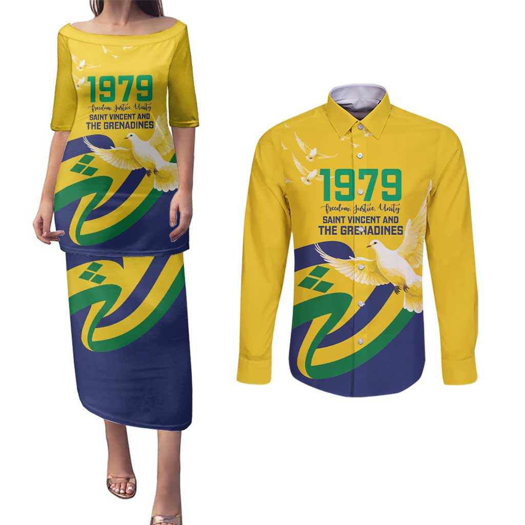 Saint Vincent and the Grenadines Couples Matching Puletasi and Long Sleeve Button Shirt Gratitude to the Land Pride Since 1979 - Wonder Print Shop