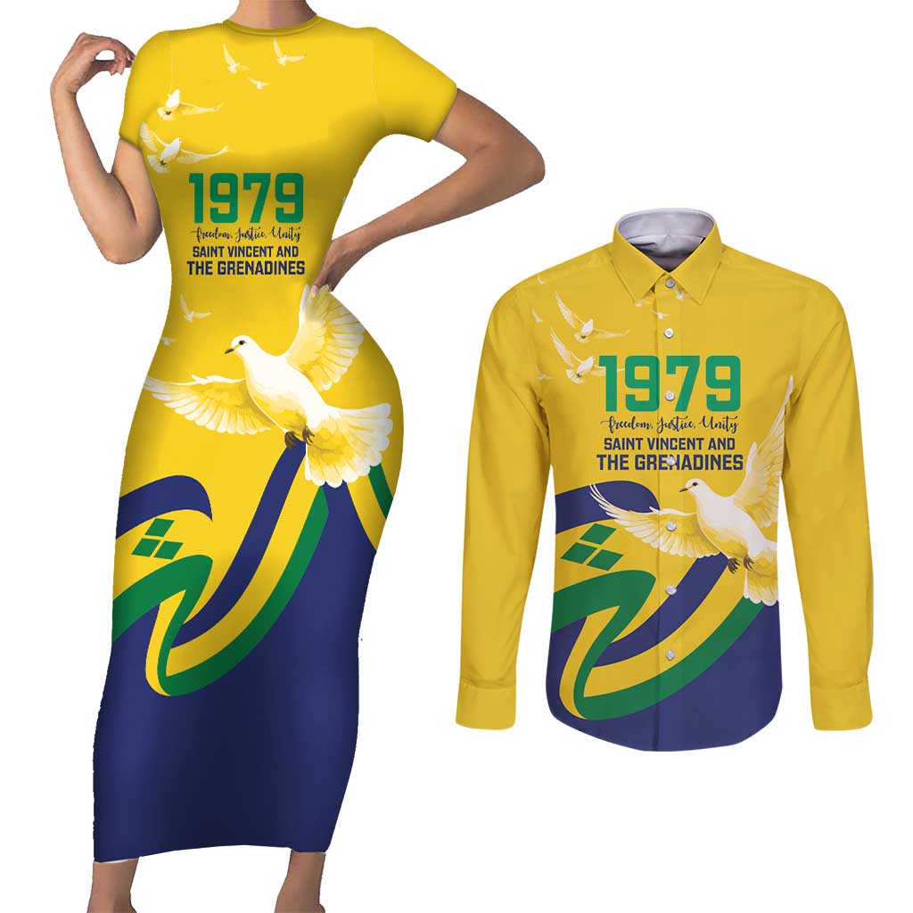 Saint Vincent and the Grenadines Couples Matching Short Sleeve Bodycon Dress and Long Sleeve Button Shirt Gratitude to the Land Pride Since 1979 - Wonder Print Shop