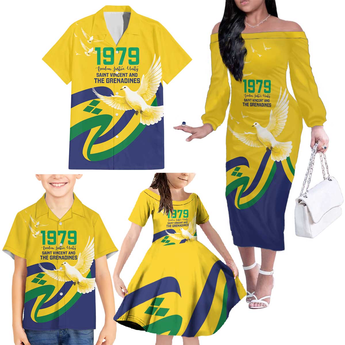 Saint Vincent and the Grenadines Family Matching Off The Shoulder Long Sleeve Dress and Hawaiian Shirt Gratitude to the Land Pride Since 1979 - Wonder Print Shop