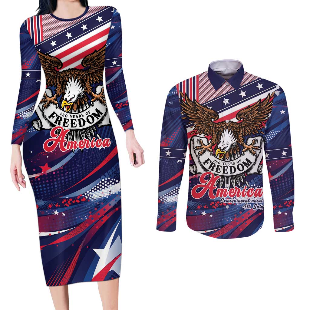 250 Years Of Service Couples Matching Long Sleeve Bodycon Dress and Long Sleeve Button Shirt Semiquincentennial USA Patriotic 4th Of July - Wonder Print Shop
