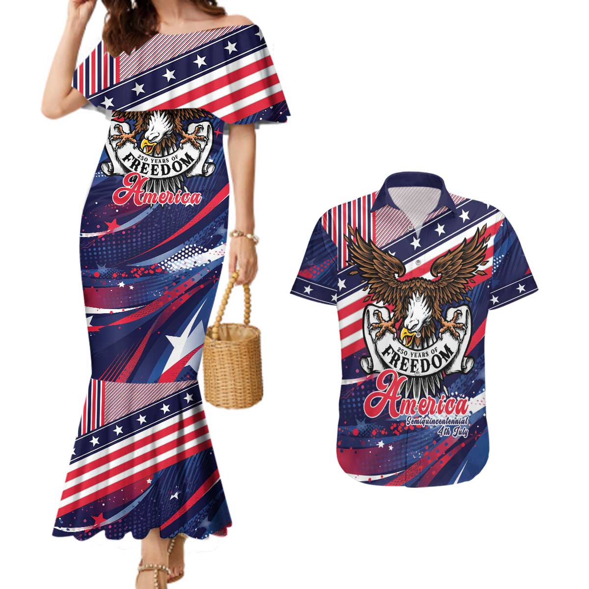 250 Years Of Service Couples Matching Mermaid Dress and Hawaiian Shirt Semiquincentennial USA Patriotic 4th Of July - Wonder Print Shop