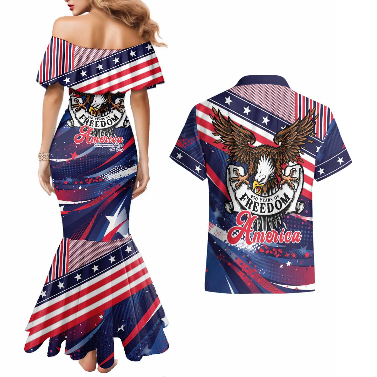 250 Years Of Service Couples Matching Mermaid Dress and Hawaiian Shirt Semiquincentennial USA Patriotic 4th Of July - Wonder Print Shop