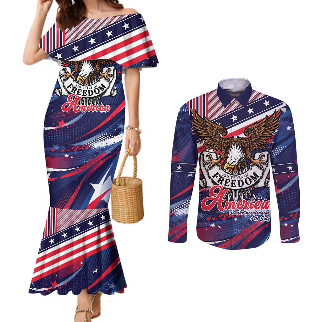 250 Years Of Service Couples Matching Mermaid Dress and Long Sleeve Button Shirt Semiquincentennial USA Patriotic 4th Of July - Wonder Print Shop