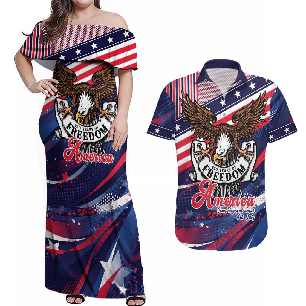 250 Years Of Service Couples Matching Off Shoulder Maxi Dress and Hawaiian Shirt Semiquincentennial USA Patriotic 4th Of July - Wonder Print Shop
