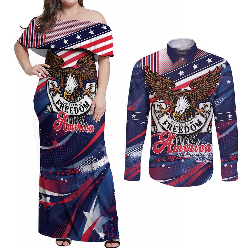 250 Years Of Service Couples Matching Off Shoulder Maxi Dress and Long Sleeve Button Shirt Semiquincentennial USA Patriotic 4th Of July - Wonder Print Shop