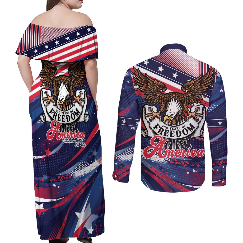 250 Years Of Service Couples Matching Off Shoulder Maxi Dress and Long Sleeve Button Shirt Semiquincentennial USA Patriotic 4th Of July - Wonder Print Shop