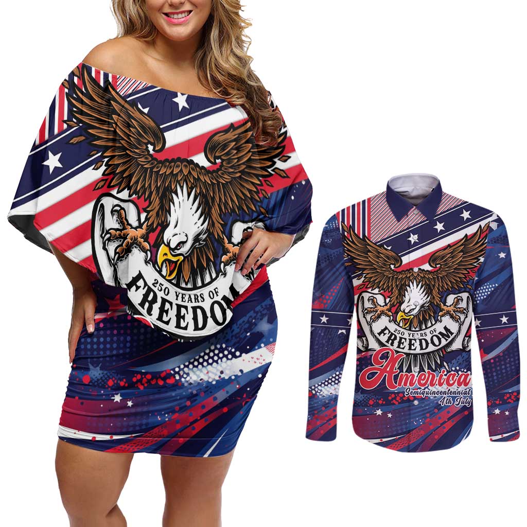250 Years Of Service Couples Matching Off Shoulder Short Dress and Long Sleeve Button Shirt Semiquincentennial USA Patriotic 4th Of July - Wonder Print Shop