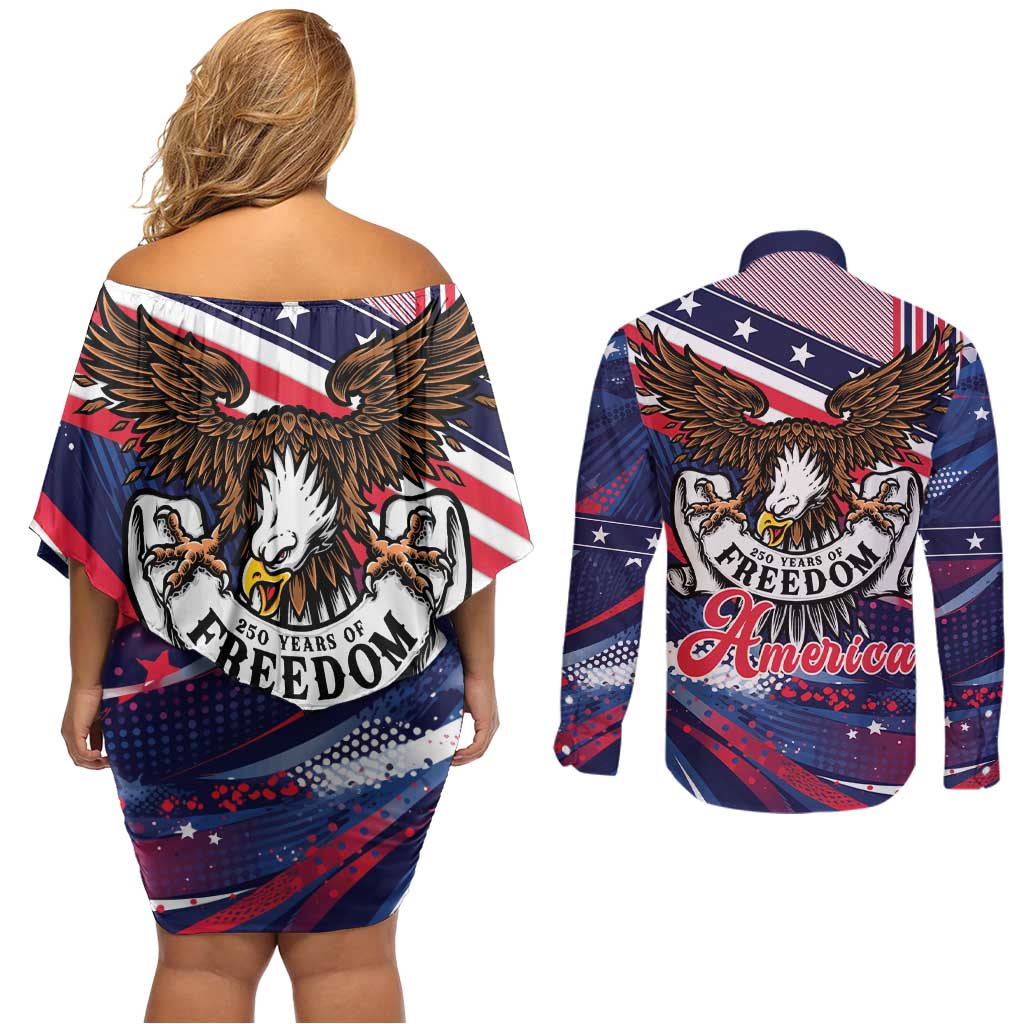 250 Years Of Service Couples Matching Off Shoulder Short Dress and Long Sleeve Button Shirt Semiquincentennial USA Patriotic 4th Of July - Wonder Print Shop