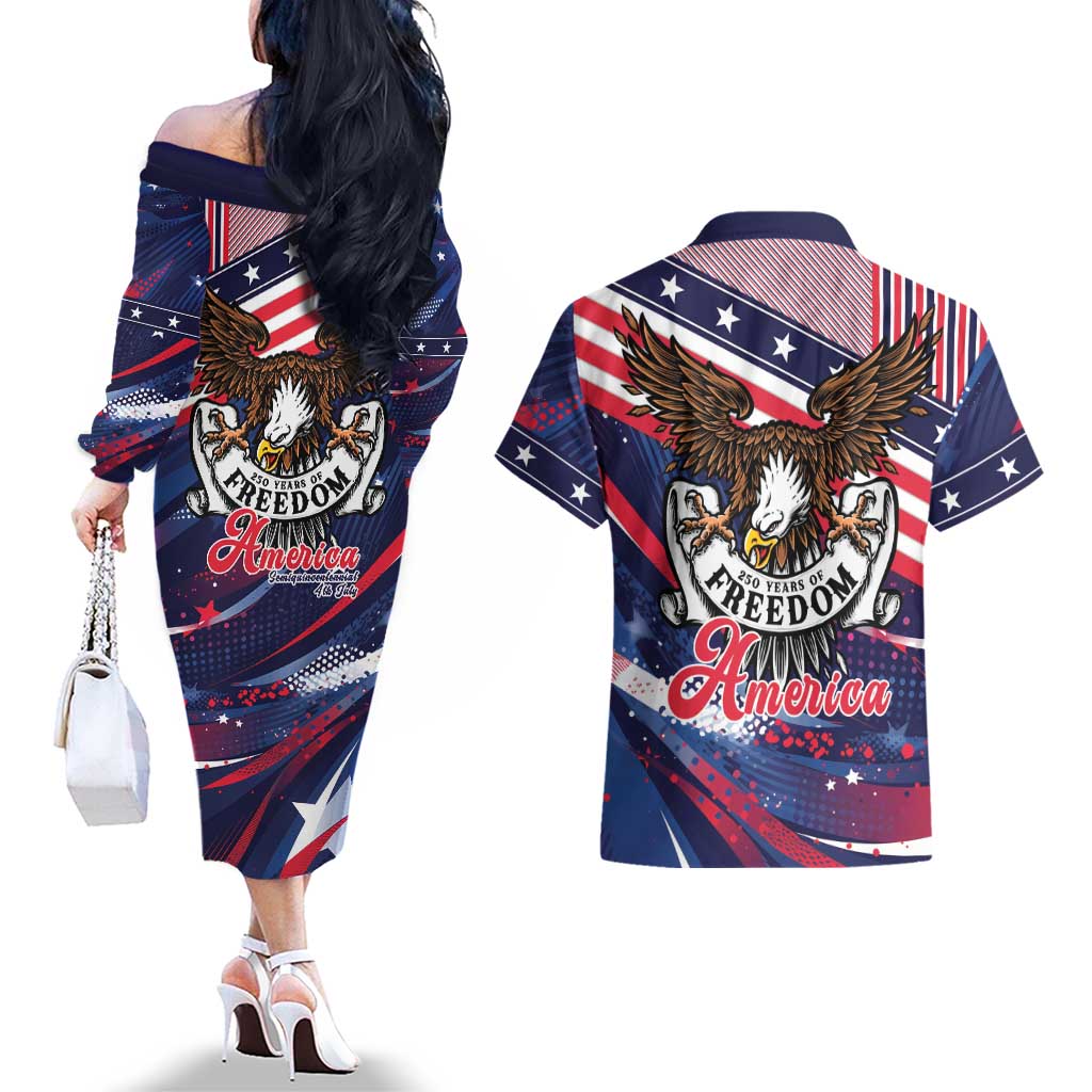 250 Years Of Service Couples Matching Off The Shoulder Long Sleeve Dress and Hawaiian Shirt Semiquincentennial USA Patriotic 4th Of July - Wonder Print Shop