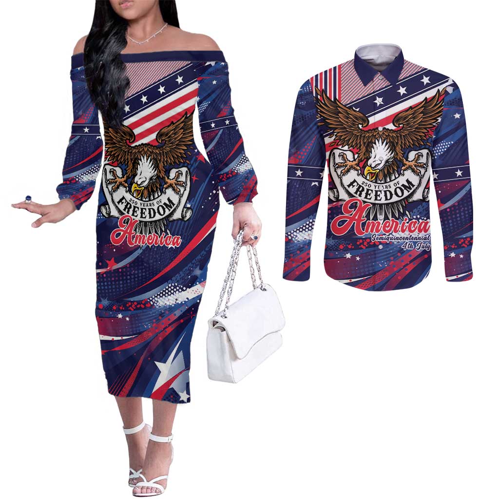 250 Years Of Service Couples Matching Off The Shoulder Long Sleeve Dress and Long Sleeve Button Shirt Semiquincentennial USA Patriotic 4th Of July - Wonder Print Shop