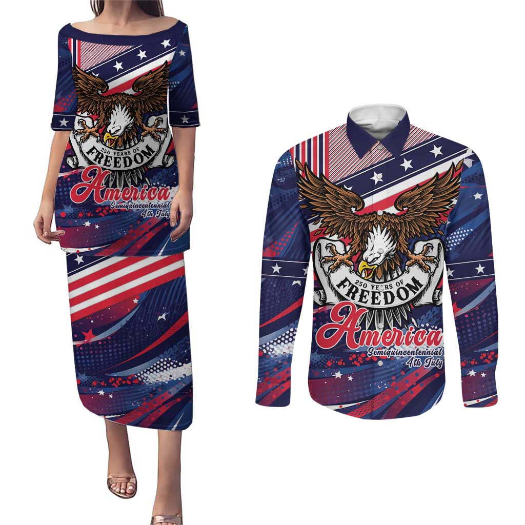 250 Years Of Service Couples Matching Puletasi and Long Sleeve Button Shirt Semiquincentennial USA Patriotic 4th Of July - Wonder Print Shop