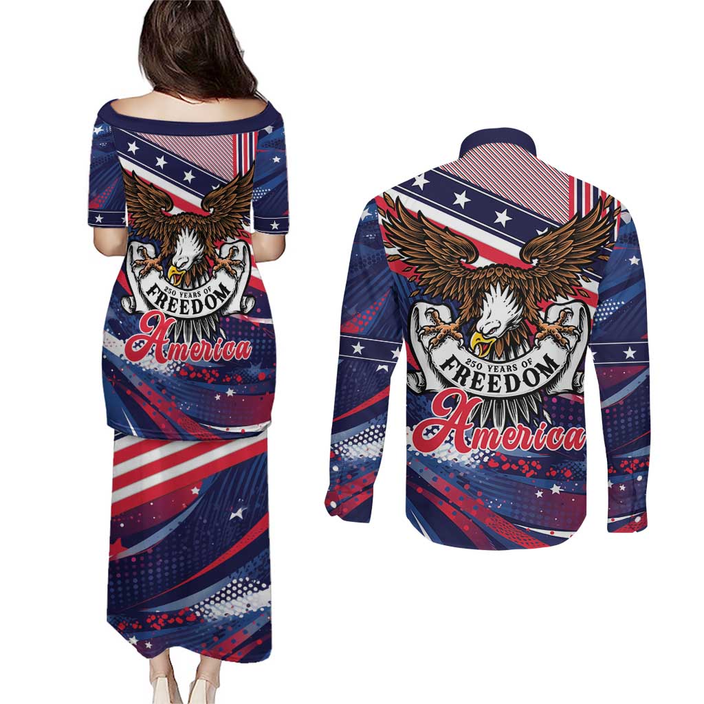 250 Years Of Service Couples Matching Puletasi and Long Sleeve Button Shirt Semiquincentennial USA Patriotic 4th Of July - Wonder Print Shop