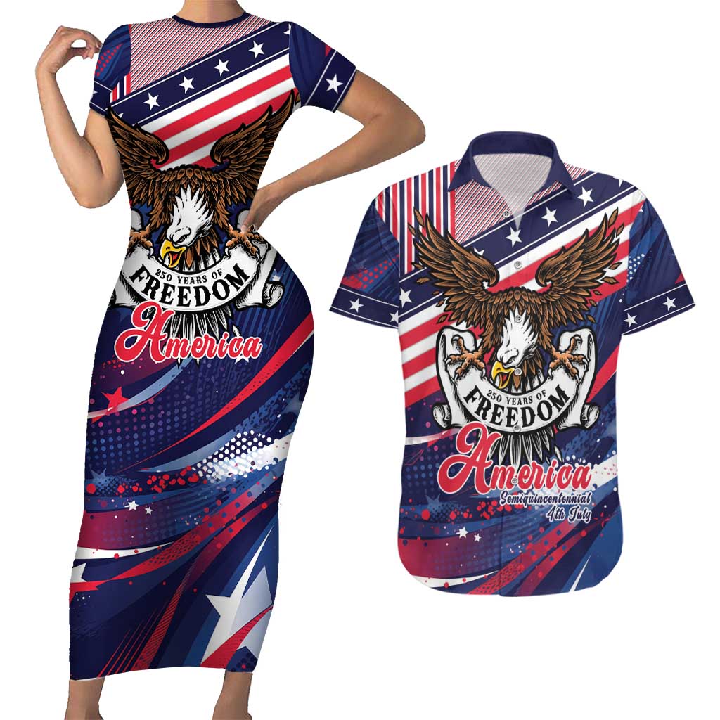 250 Years Of Service Couples Matching Short Sleeve Bodycon Dress and Hawaiian Shirt Semiquincentennial USA Patriotic 4th Of July - Wonder Print Shop