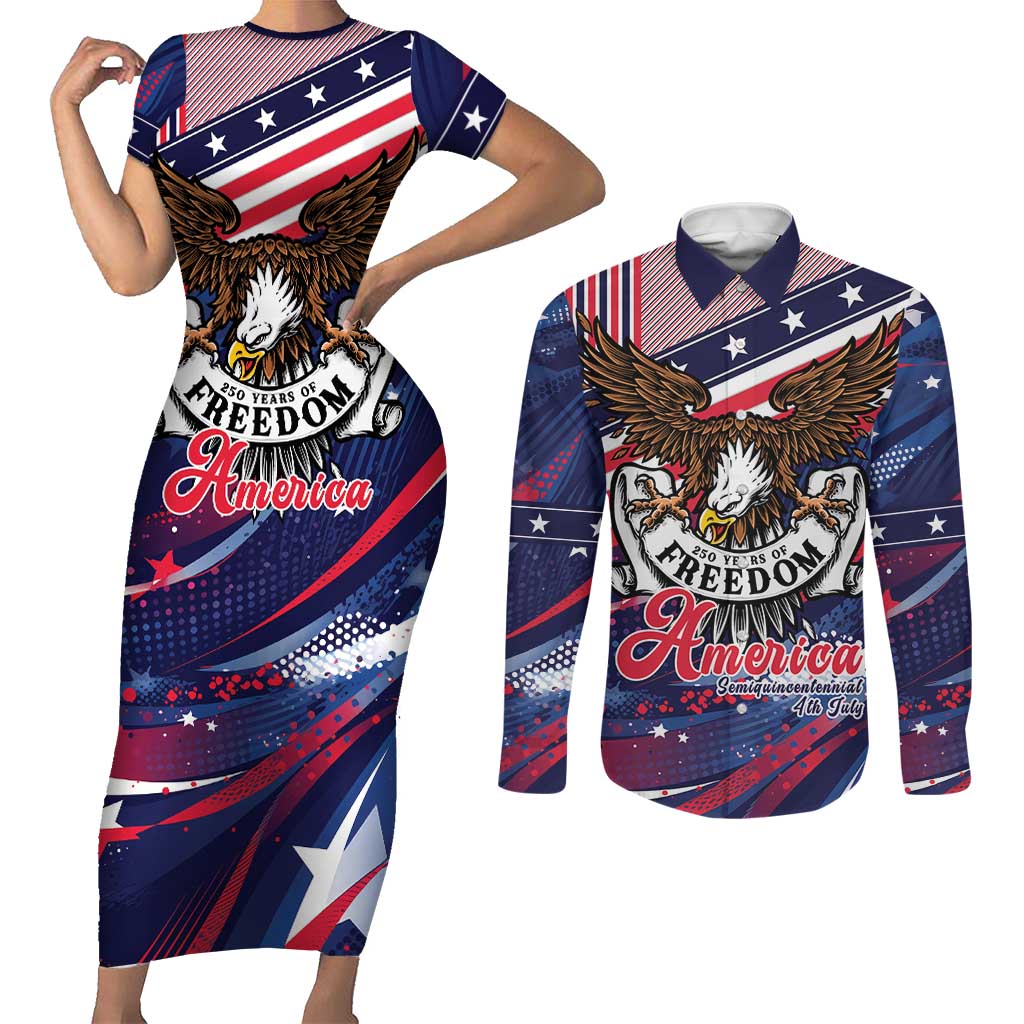 250 Years Of Service Couples Matching Short Sleeve Bodycon Dress and Long Sleeve Button Shirt Semiquincentennial USA Patriotic 4th Of July - Wonder Print Shop