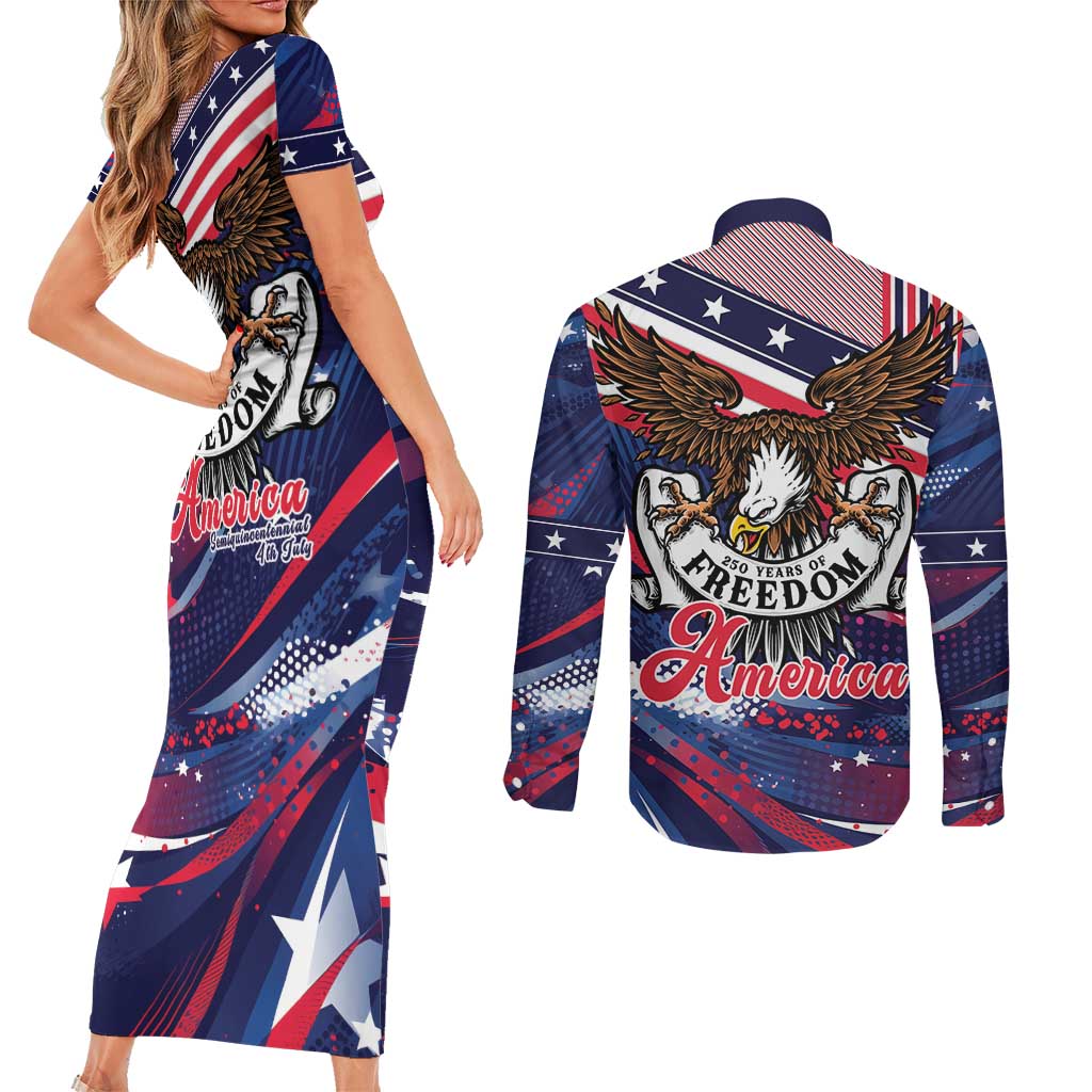 250 Years Of Service Couples Matching Short Sleeve Bodycon Dress and Long Sleeve Button Shirt Semiquincentennial USA Patriotic 4th Of July - Wonder Print Shop