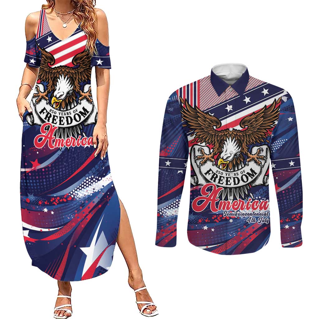 250 Years Of Service Couples Matching Summer Maxi Dress and Long Sleeve Button Shirt Semiquincentennial USA Patriotic 4th Of July - Wonder Print Shop