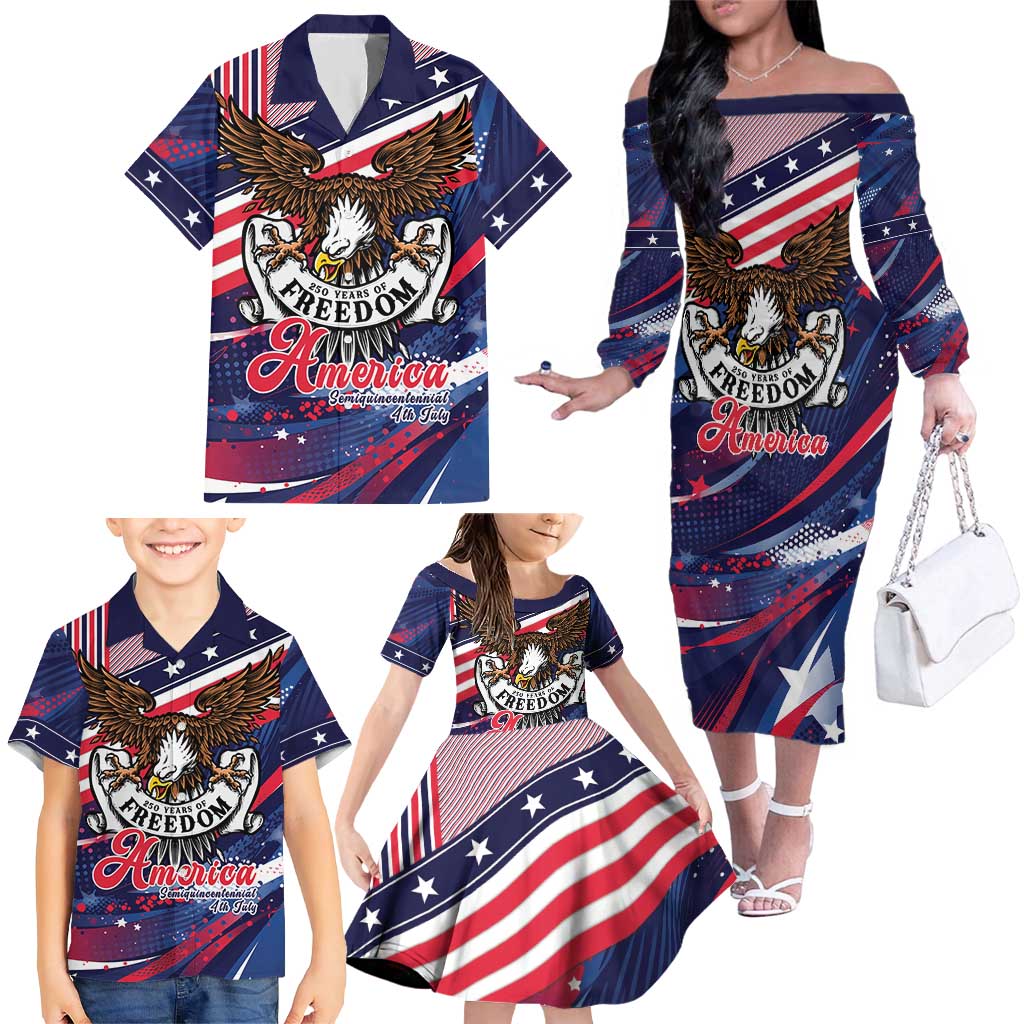 250 Years Of Service Family Matching Off The Shoulder Long Sleeve Dress and Hawaiian Shirt Semiquincentennial USA Patriotic 4th Of July - Wonder Print Shop