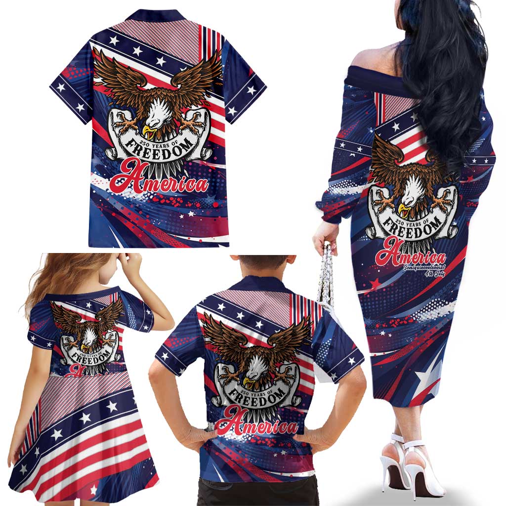 250 Years Of Service Family Matching Off The Shoulder Long Sleeve Dress and Hawaiian Shirt Semiquincentennial USA Patriotic 4th Of July - Wonder Print Shop