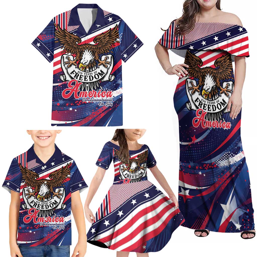 250 Years Of Service Family Matching Off Shoulder Maxi Dress and Hawaiian Shirt Semiquincentennial USA Patriotic 4th Of July - Wonder Print Shop