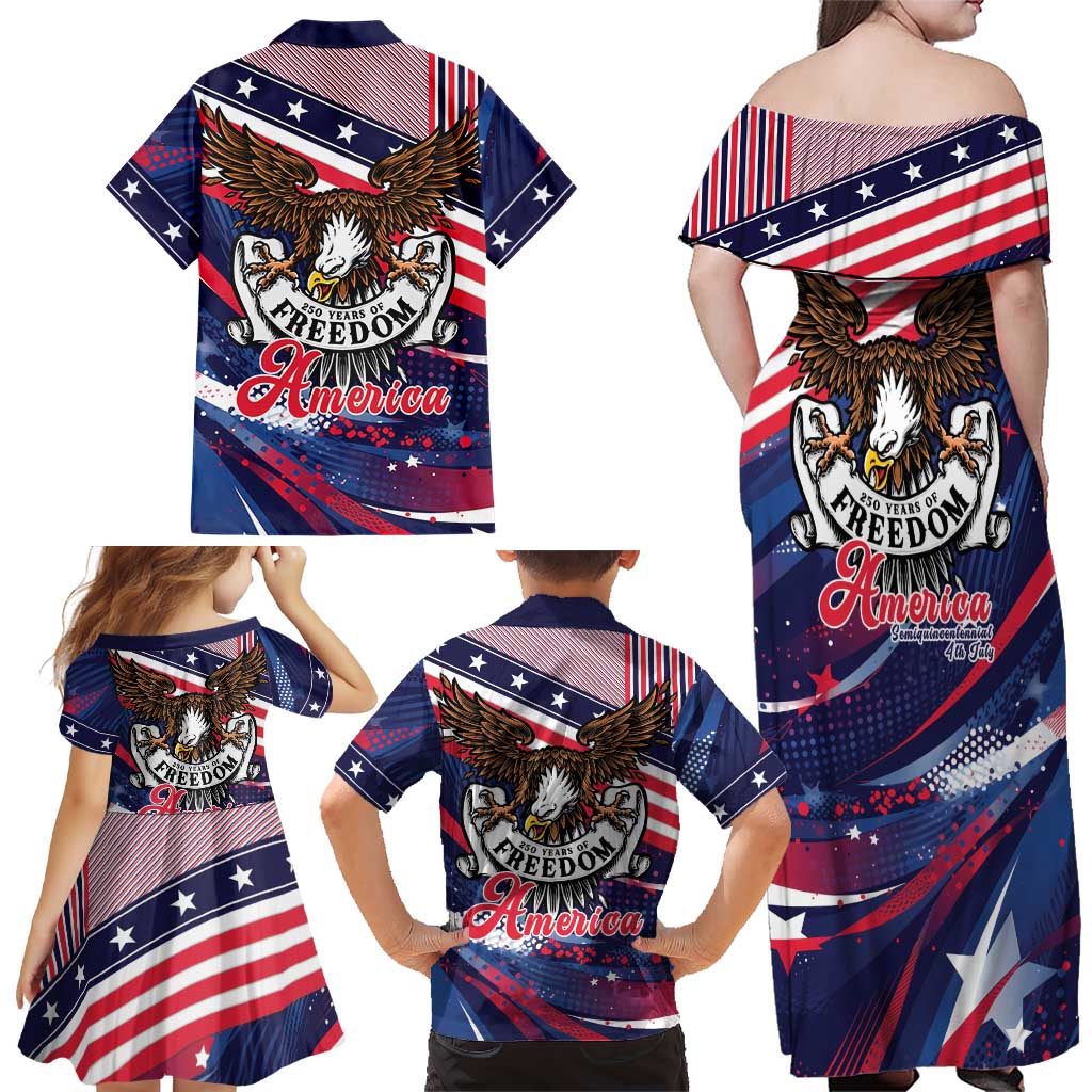 250 Years Of Service Family Matching Off Shoulder Maxi Dress and Hawaiian Shirt Semiquincentennial USA Patriotic 4th Of July - Wonder Print Shop