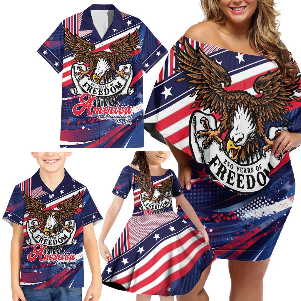250 Years Of Service Family Matching Off Shoulder Short Dress and Hawaiian Shirt Semiquincentennial USA Patriotic 4th Of July - Wonder Print Shop