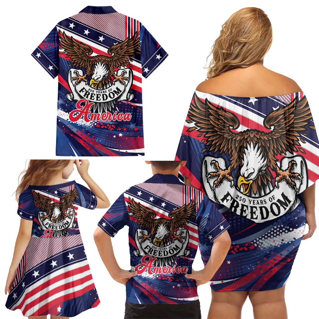 250 Years Of Service Family Matching Off Shoulder Short Dress and Hawaiian Shirt Semiquincentennial USA Patriotic 4th Of July - Wonder Print Shop